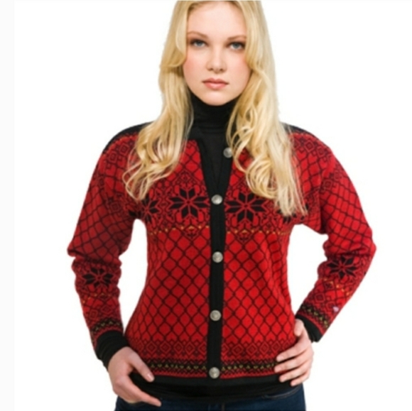 Norsk Wear Women's Red Black 100% Wool cardigan Sweater S